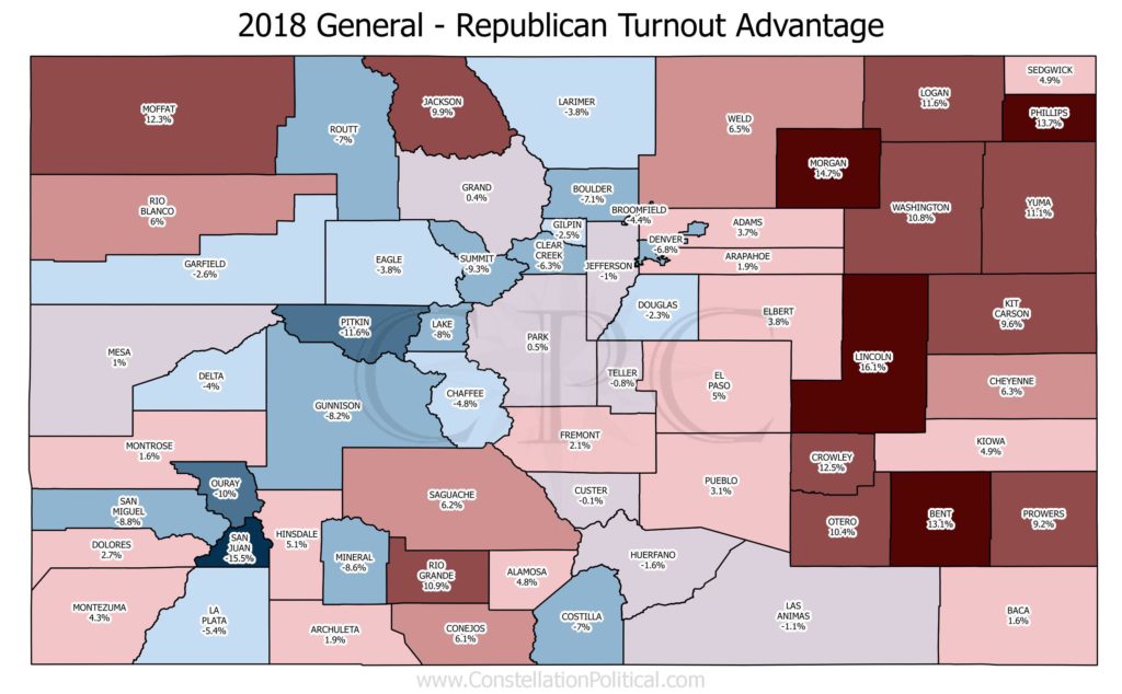 Republican voter turnout advantage by county